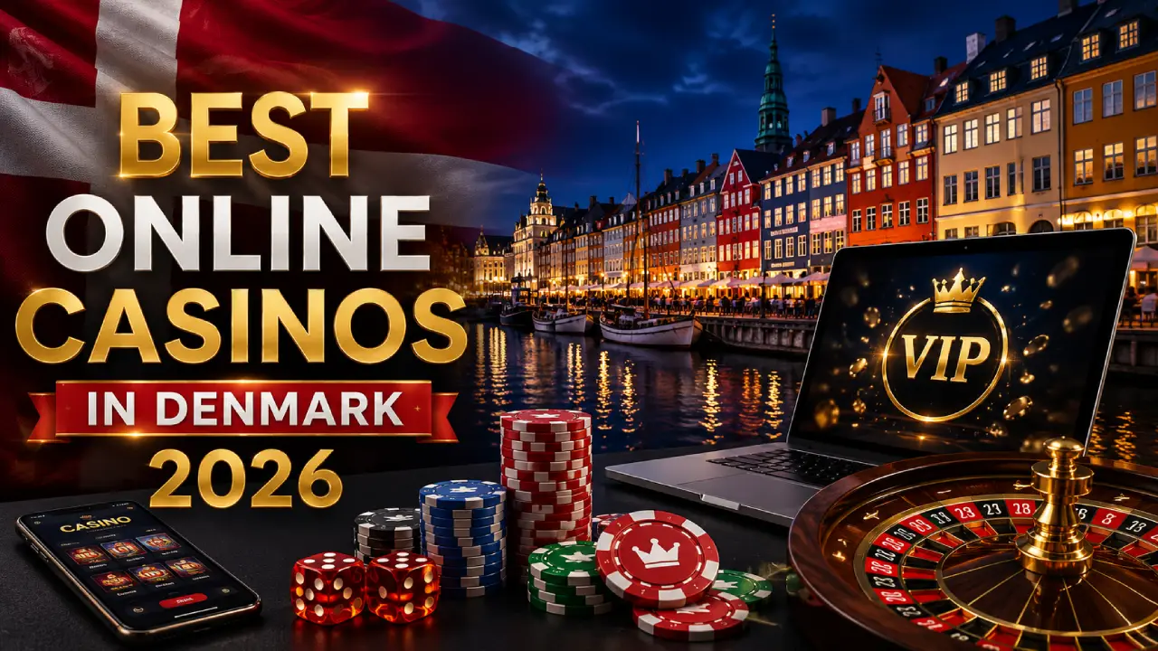 Featured image showing the best online casinos in Denmark for 2026, with Copenhagen's Nyhavn waterfront, the Danish flag, a roulette wheel, poker chips, and digital casino gaming on desktop and mobile devices.
