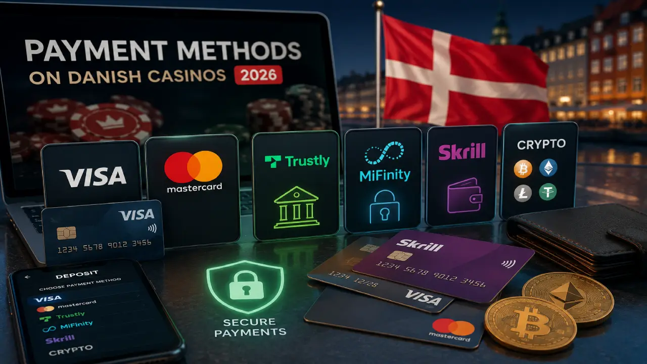 Illustration of payment methods available at Danish online casinos in 2026, featuring Visa, Mastercard, Trustly, Skrill, cryptocurrencies, and secure mobile payments with a Danish casino backdrop.