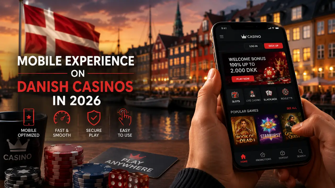 Modern illustration of the mobile casino experience in Denmark for 2026, showing a smartphone with an online casino interface, casino chips, and Copenhagen's Nyhavn waterfront in the background, highlighting fast, secure, and mobile-optimized gameplay.
