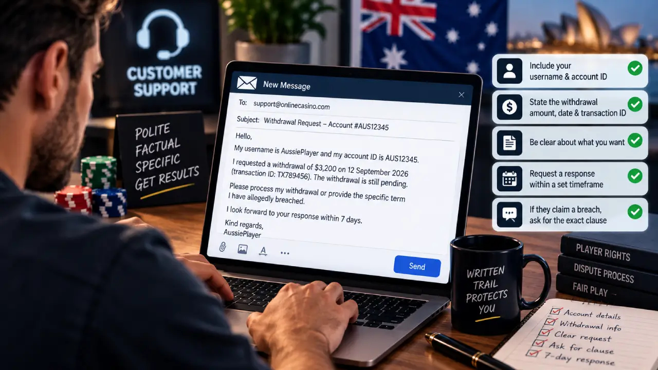 Australian online casino player sending a written withdrawal complaint to customer support with account details, transaction information, a clear payment request, and response deadline.