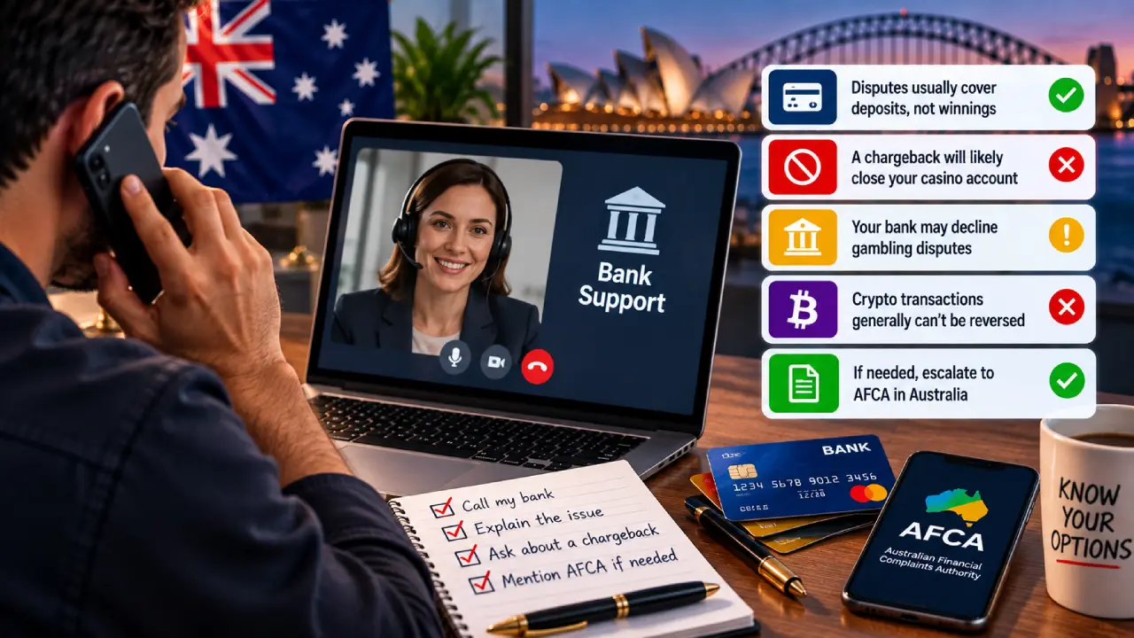 Australian casino player contacting bank support about a gambling payment dispute, with information about chargebacks, deposit limits, crypto transactions, and escalation to AFCA.