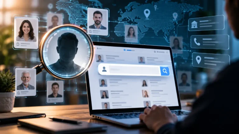 Modern illustration of an online people search with a laptop, magnifying glass, profile cards, location pins, and connected public information.