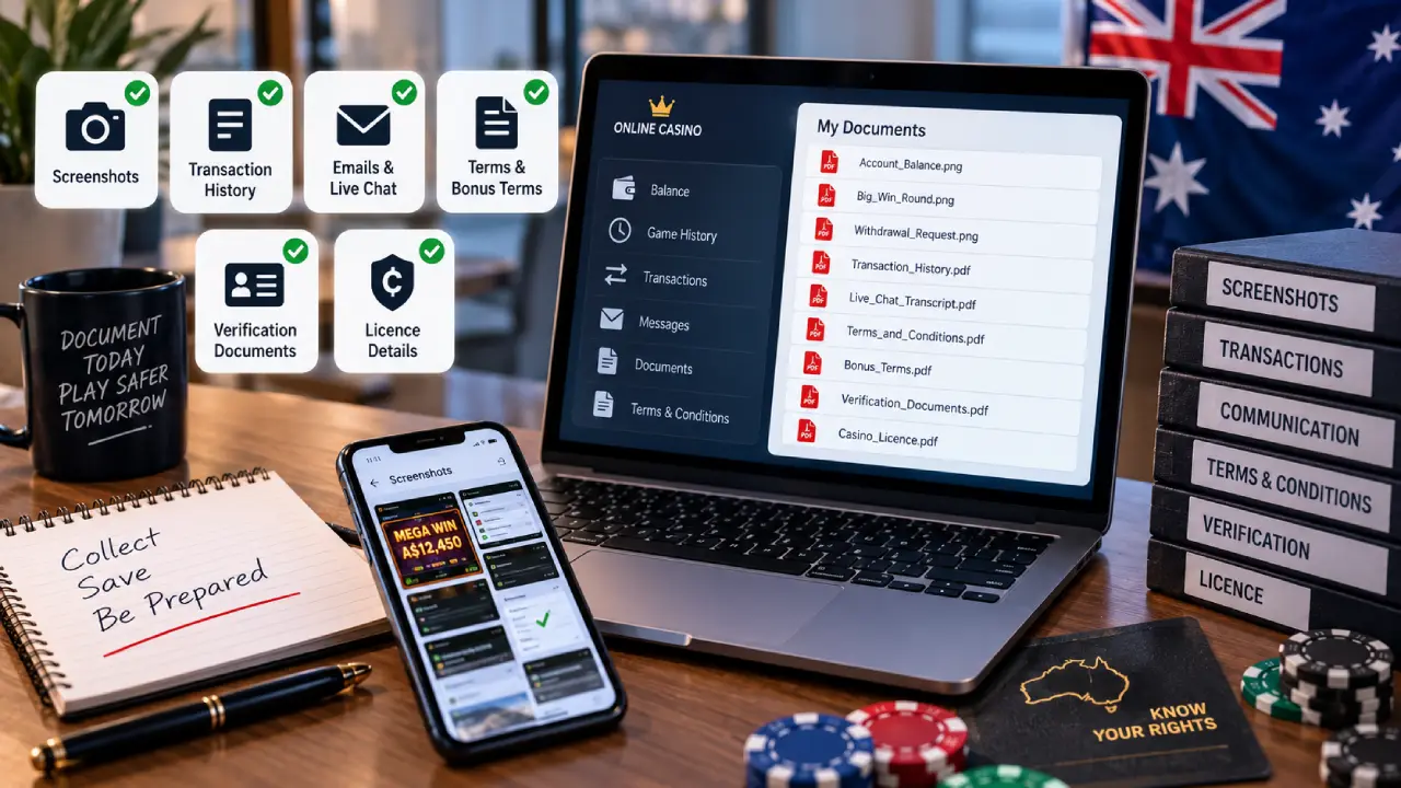 Australian online casino player evidence checklist showing screenshots, transaction history, emails, terms and conditions, verification documents, and casino licence details.