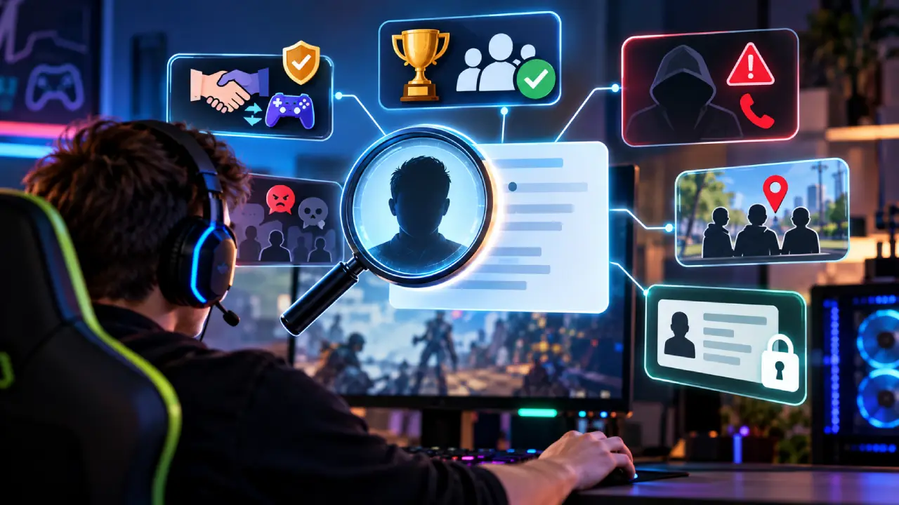 Gamer using an online people search tool to check identities, avoid scams and harassment, verify tournament contacts, and protect personal information.