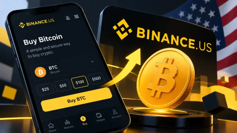 Beginner’s guide to buying Bitcoin on Binance.US, showing the Binance.US app, Bitcoin coin, and Buy BTC interface.