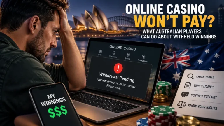 Australian online casino player dealing with withheld winnings and a pending withdrawal, with steps to check terms, verify licensing, contact support, and understand player rights.