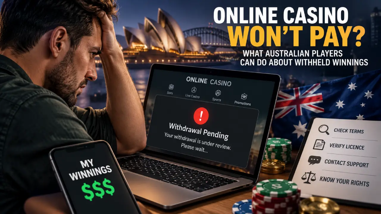 Australian online casino player dealing with withheld winnings and a pending withdrawal, with steps to check terms, verify licensing, contact support, and understand player rights.