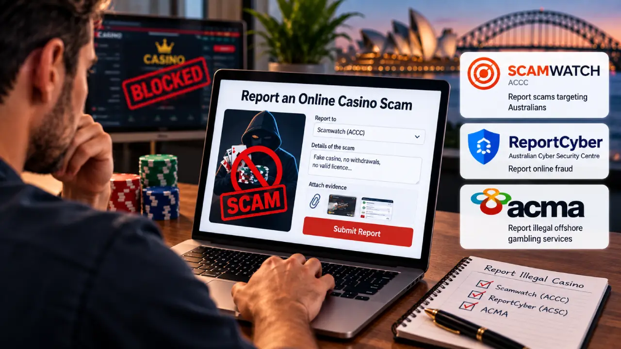 Australian player reporting a suspected online casino scam using Scamwatch, ReportCyber and ACMA after identifying an unlicensed or fraudulent gambling operator.