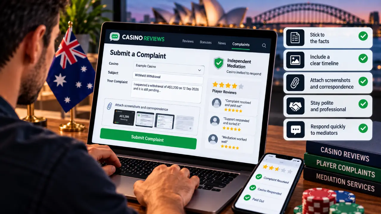Australian online casino player submitting a withheld withdrawal complaint through an independent casino review and mediation platform with screenshots, correspondence, and a clear timeline.