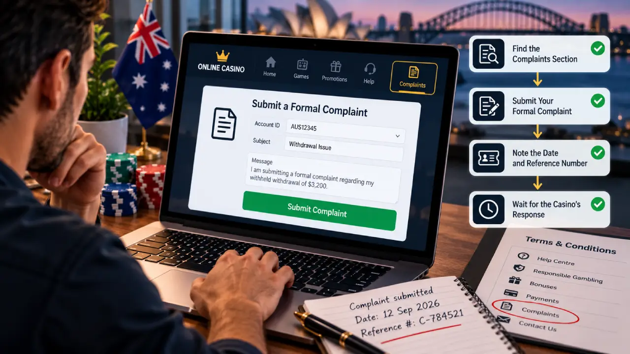 Australian online casino player submitting a formal withdrawal complaint and recording the complaint date and reference number for a withheld winnings dispute.