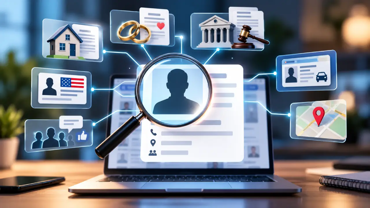 Illustration showing public record sources such as property, marriage, court, voter, driver licence, social profile, and location data connected to an online people search profile.