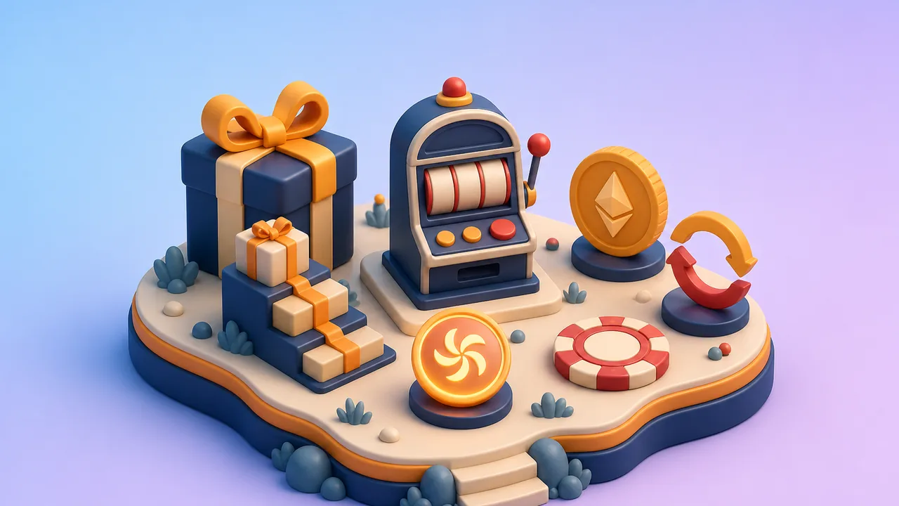 3D diorama of joining bonus objects around a pokie machine
