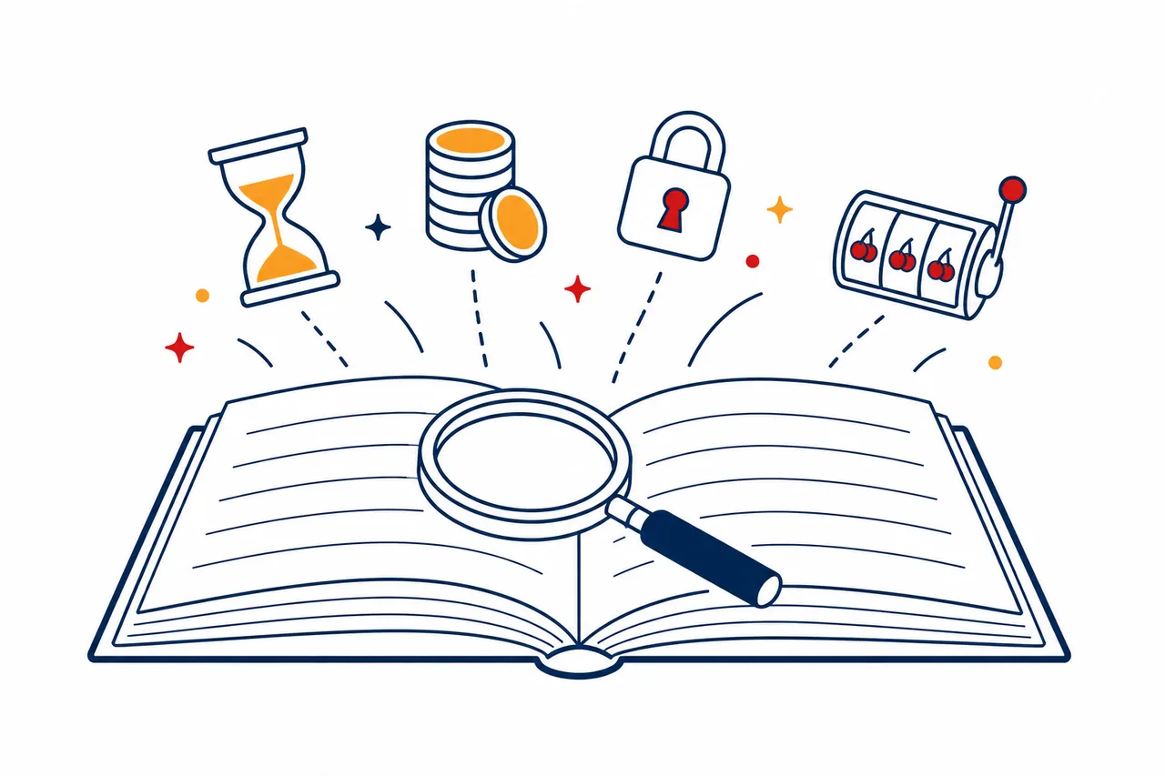 Open book and magnifier for a joining bonus terms glossary