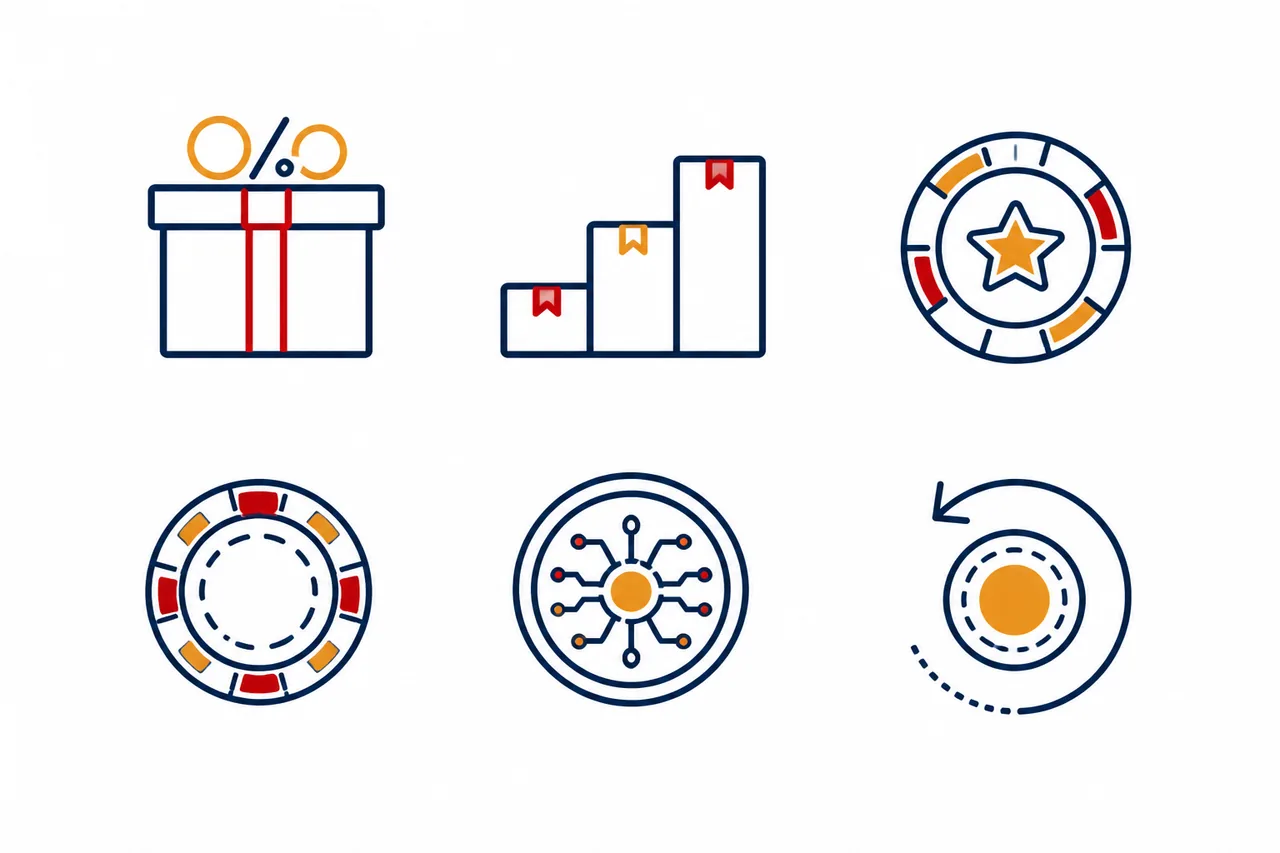Line icons for six types of joining bonus for online pokies