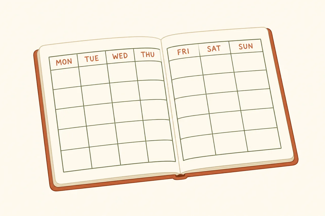 Open paper ledger with a weekly sports betting routine from Monday to Sunday
